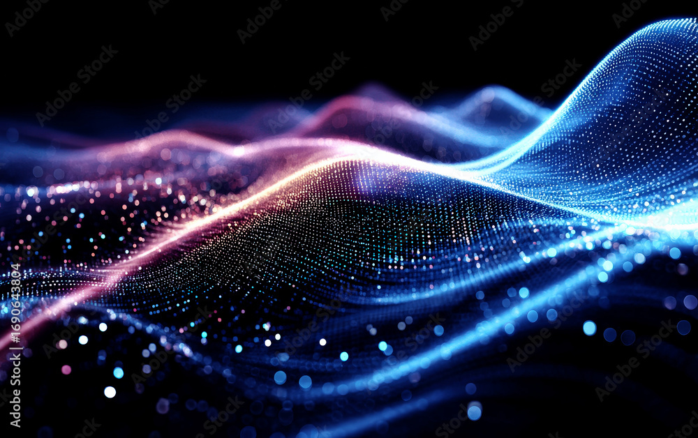 Poster abstract digital wave pattern with glowing particles