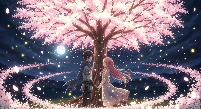 Enchanted Spring Lovers Beneath a Cherry Blossom Tree