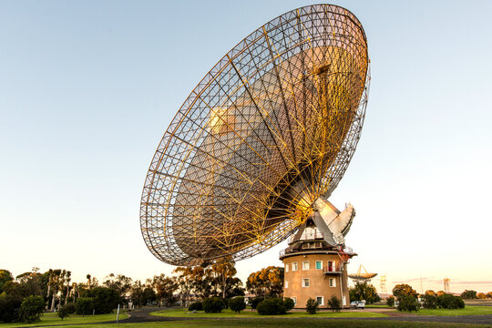 The Parkes radio telescope at sunset, known as &ldquo;The Dish&rdquo;.