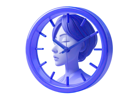 A stylized clock face with a woman's profile within, rendered in a vibrant blue