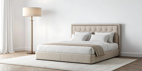 Minimalist bedroom with floor lamp and neutral color tones