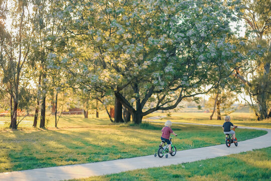 Two little boys riding bikes along walking track in Australian bush setting at sunset