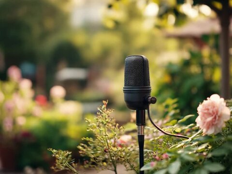 Microphone in Garden: A sleek microphone stands amidst the vibrant flora of a garden, inviting listeners into an intimate world of sound. The image captures a moment of serenity.