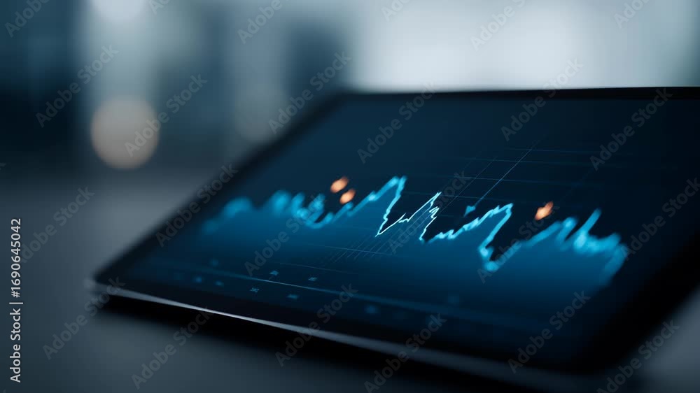 Aufkleber energy saving graphics displayed on tablet device with dynamic trends and data