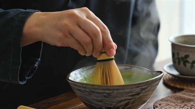 woman hands making hot matcha tea on japan tea ceremony