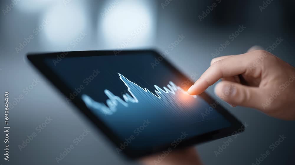 Aufkleber analyzing energy saving data on a tablet with close-up graphics display