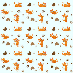 Vector pattern with ginger cat and brown paw flat vector design