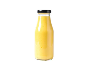 Glass bottle filled with golden yellow smoothie