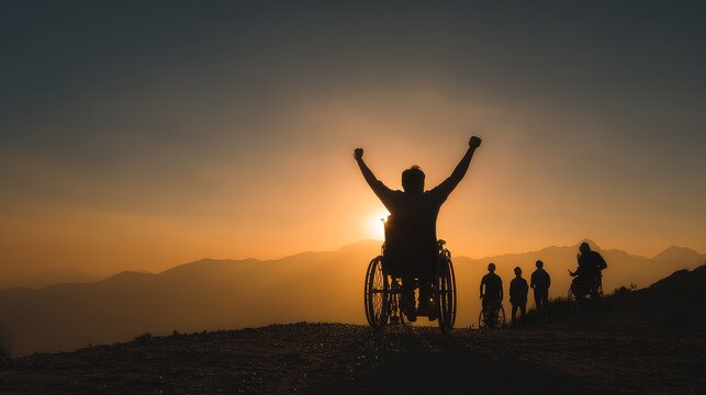 Joyful wheelchair traveller celebrates accessible adventure with friends at sunset inclusive travel lifestyle disability representation