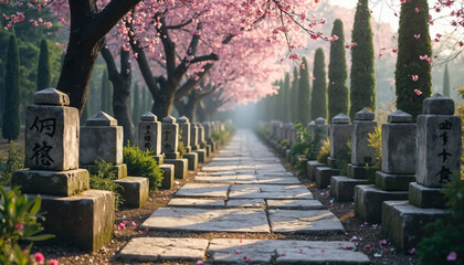 Cemetery Path with Cherry Blossoms and Stone Markers