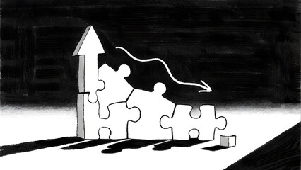 Puzzle pieces forming an upward arrow, symbolizing growth and progress