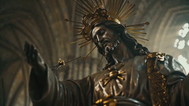 jesus statue on the cathedral interior background