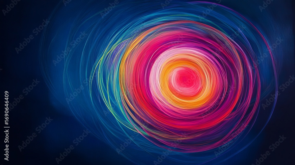 Poster vibrant energetic swirl of colorful light creating a dynamic abstract vortex on a dark blue backgrou