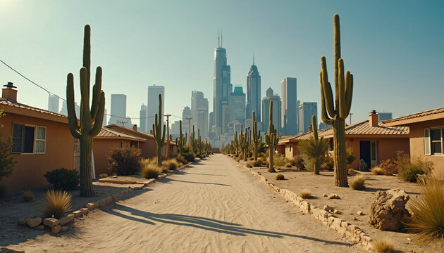 Desert Road Leading to City Skyline - Powered by Adobe