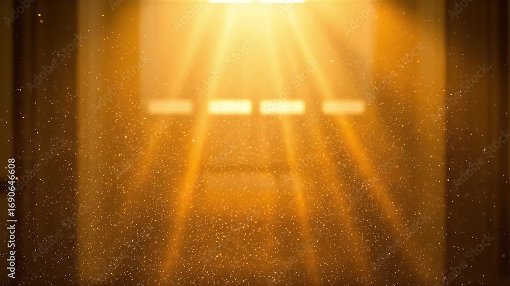 Poster warm golden light rays shining through a window, illuminating sparkling dust particles for a magical