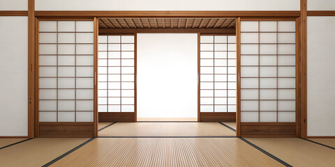 Minimalist Japanese tatami room with open shoji doors
