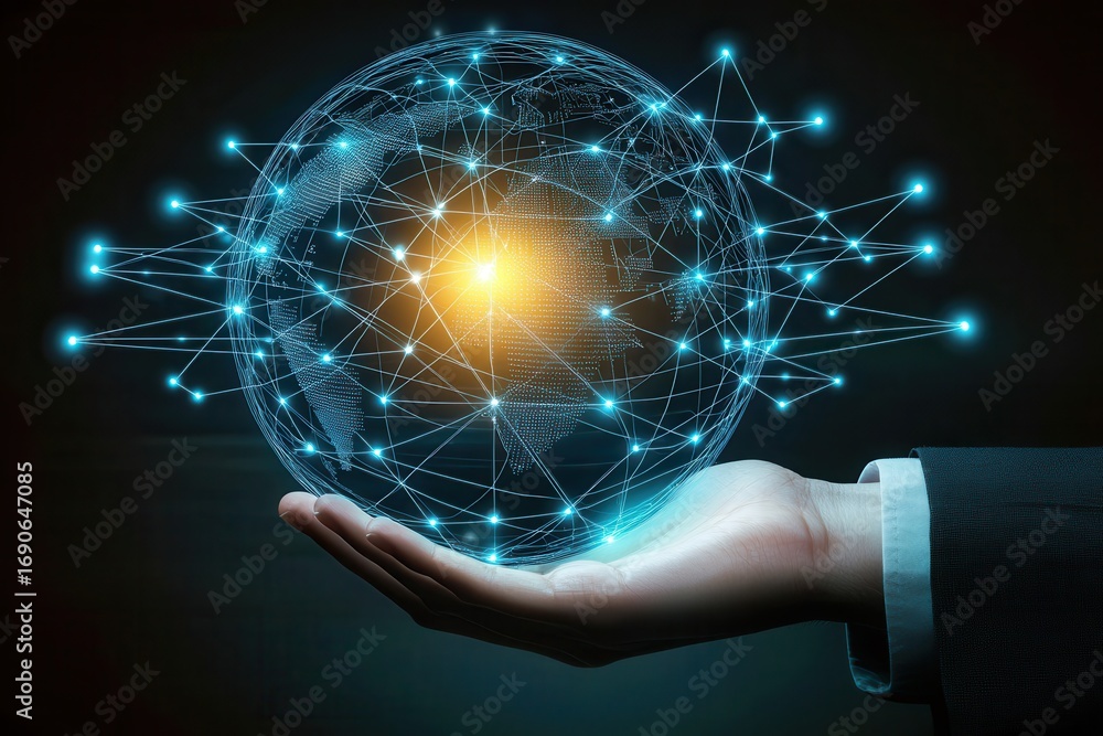 Poster a digital representation of a globe held in a hand, symbolizing global connectivity through technolo