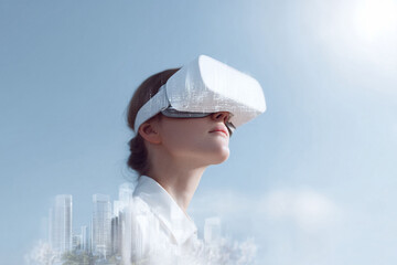 Intrigued woman in VR headset, cityscape reflection. Conceptual image representing future technology, innovation, simulation, immersive experience, metaverse, and digital transformation.