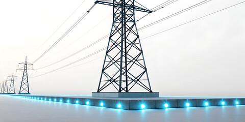 High voltage transmission grid with futuristic glowing lighting
