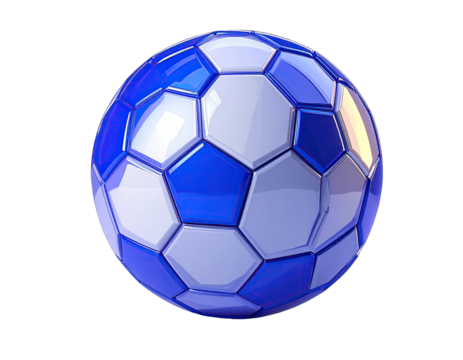 Shiny blue and white soccer ball with hexagon panels