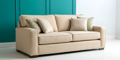 Cozy beige sofa with pillows near teal accent wall