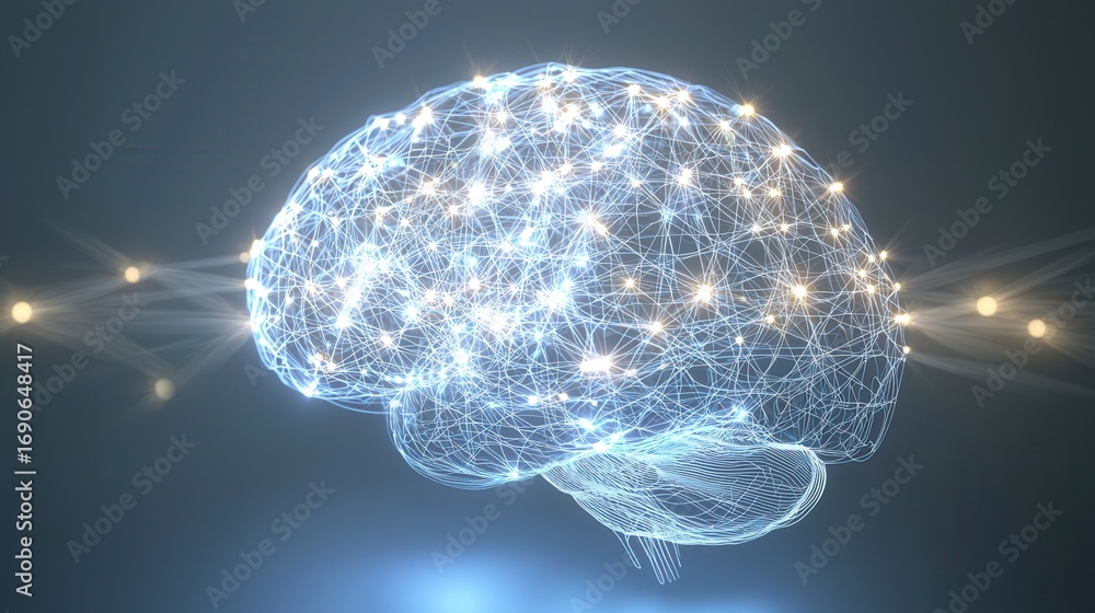 Poster a digital representation of a brain, illuminated with glowing connections, symbolizing neural networ