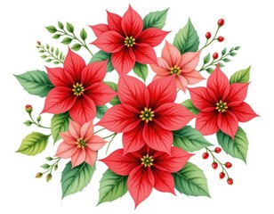 Obraz premium watercolor poinsettia flowers in festive red and green, holiday floral charm, delicate brush painting, bright seasonal detail, perfectly arranged on a pure white background.