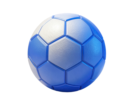 3D rendered, blue and light gray soccer ball, hexagonal panels