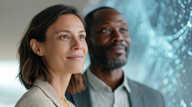 Two professionals smiling and gazing upward, observing a complex network of artificial intelligence visualized as a glowing blue web of data, highlighting innovation and connectivity in technology
