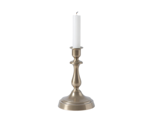 A simple, antique-style candleholder with a tapered base and cylindrical body, holding a white candle