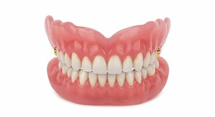 Obraz premium A set of dentures with pink gums and white teeth displayed on a white background in a studio shot
