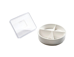 White, round, divided container with a clear square lid