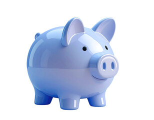 Light-blue 3D piggy bank, cartoon style, cheerful expression