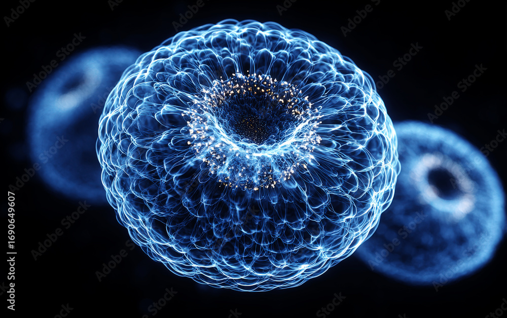 Poster close-up view of blue abstract cellular structures in scientific context