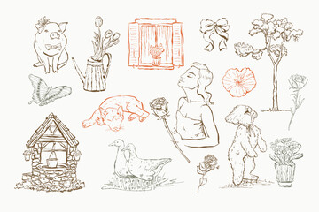 Cottagecore themed set Playful Pets and Garden