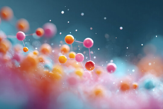 Abstract atom structure, colorful spheres connected. Science, technology, data concept. Perfect for backgrounds, illustrations about medicine and innovation.