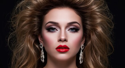 Fototapeta premium Woman w blue eyes red lips framed by blonde hair wears jeweled earrings Dark backdrop