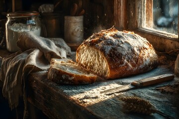 Freshly baked bread loaf on rustic wooden table with soft steam and warm morning light