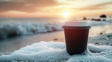 A coffee cup rests on the shore, surrounded by foam and waves, with a beautiful sunset in the background, creating a tranquil beach scene.