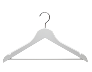 White wooden coat hanger with curved ends and a metal hook