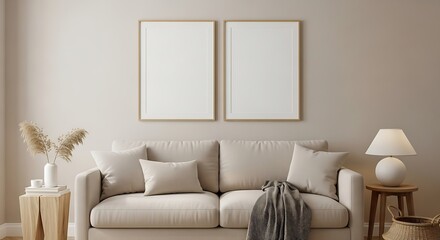 Beige Living Room with Framed Pictures.