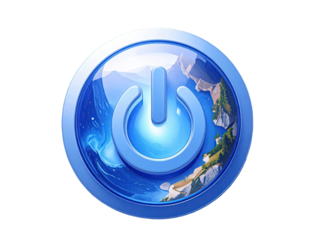 Blue power button, circular emblem, landscape in background