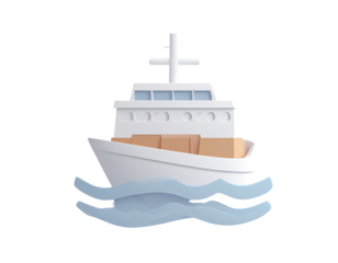 3D model of a white cargo ship on stylized water