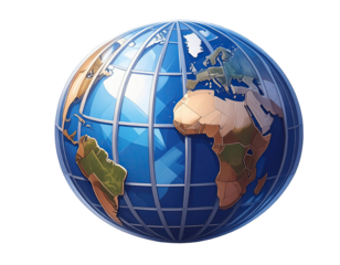 3D globe, stylized continents, gridded surface (1)