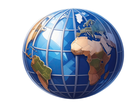 3D globe, stylized continents, gridded surface (1)