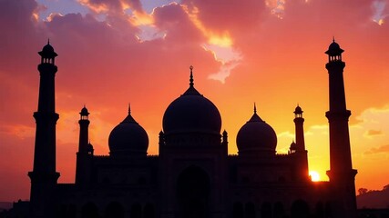 Majestic mosque silhouetted against a vibrant sunset sky - Powered by Adobe