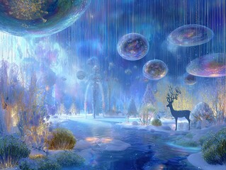 An abstract, colorful Christmas background featuring a magical world of festive symbols.