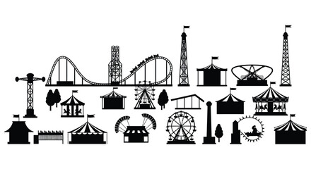 amusement park attractions with roller coaster ferris wheel and tents