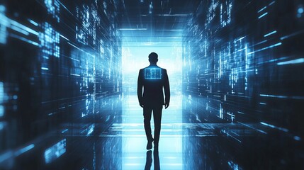 Confident businessman strides through glowing digital data tunnel, embracing future innovation.
