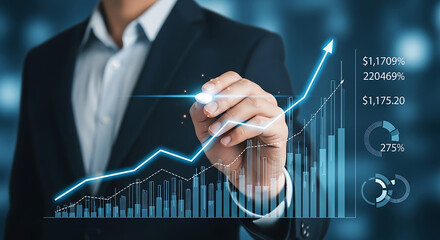 Businessman drawing ascending stock market graph with digital interface and financial data visualization
